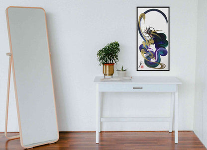 A minimalist interior scene with a tall floor mirror on the left, a white console table in the center, and a framed abstract wall art print on the wall. The room has white walls and a dark wood floor.