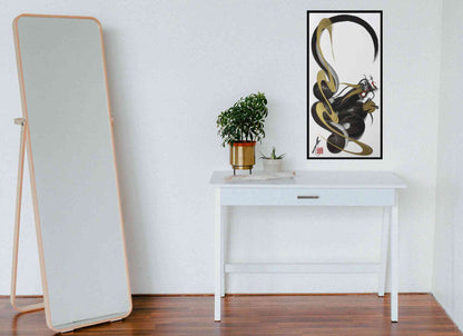 A minimalist interior scene with a tall floor mirror on the left, a white console table with a small potted plant in the center, and a framed abstract black, gold, and white wall art piece on the right against a white wall and wood floor.