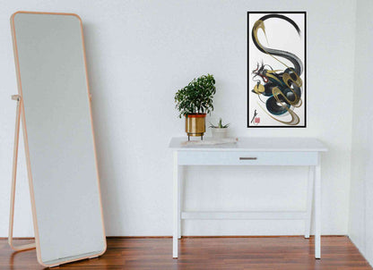 A framed vertical wall art print featuring an abstract black, gray, and gold snake-like design, displayed on a white console table in a minimalist room next to a tall floor mirror.