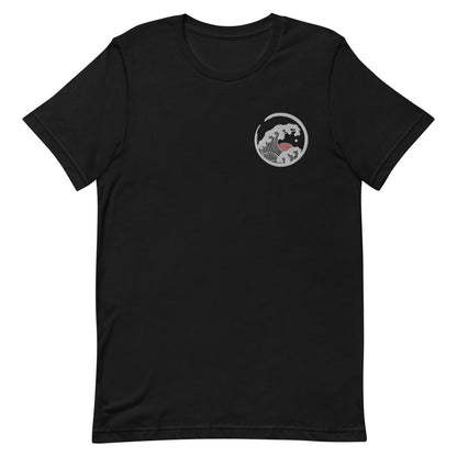 Embroidered white and red wave design on black t-shirt