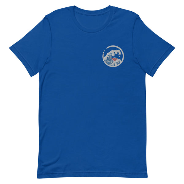 Embroidered white and red wave design on blue t-shirt