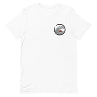 Embroidered black and red wave design on white t-shirt