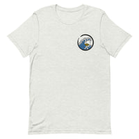 Embroidered blue and yellow wave design on ash grey t-shirt