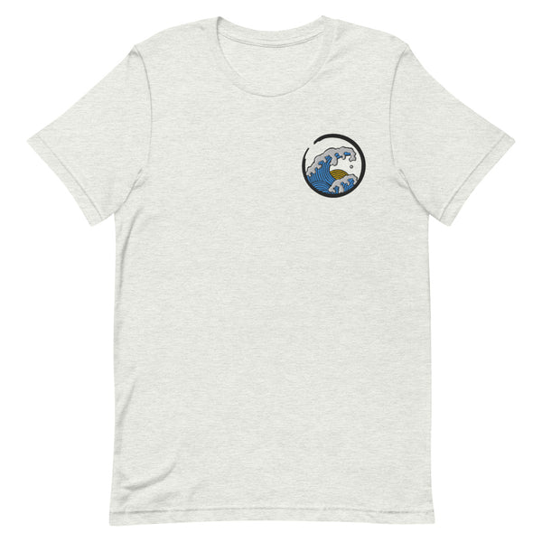 Embroidered blue and yellow wave design on ash grey t-shirt